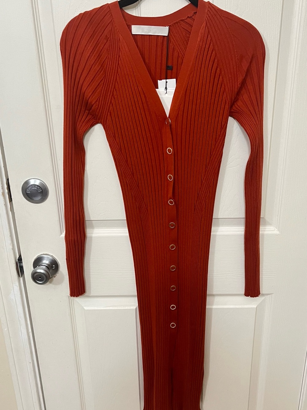 Dion Lee Rust Ribbed V-Neck Button-Front Long Sleeve Dress